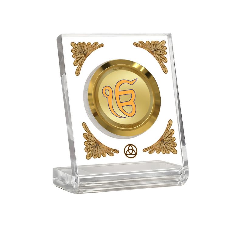DIVINITI 24K Gold Plated Ik Omkar Acrylic Frame for Car Dashboard, Home Temple & Office Table | Premium Spiritual Gift, Blessings for Protection & Positivity, 8x7 cm Decorative Showpiece