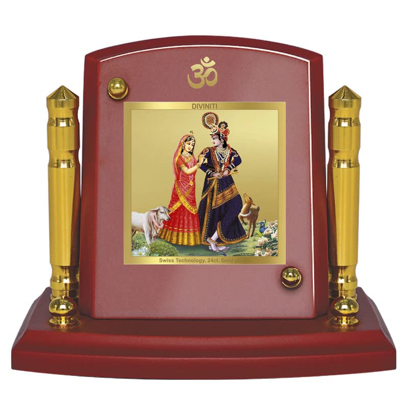 DIVINITI 24K Gold Plated Shri Radha Krishna Photo Frame for Car Dashboard | Premium Religious Idol for Home Office Prayer Decor & Spiritual Gift | Size 8 x 9 cm