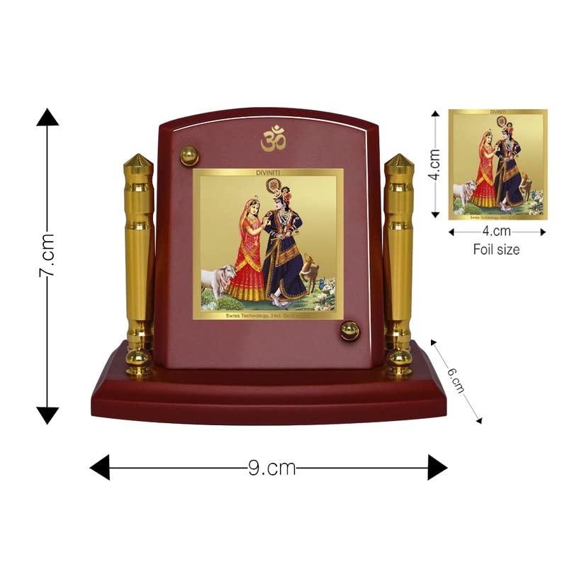 DIVINITI 24K Gold Plated Shri Radha Krishna Photo Frame for Car Dashboard | Premium Religious Idol for Home Office Prayer Decor & Spiritual Gift | Size 8 x 9 cm