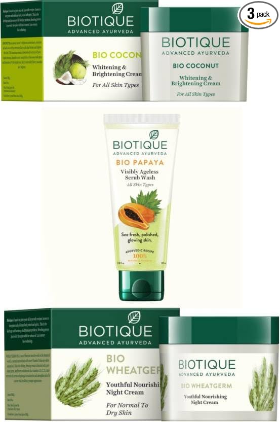BIOTIQUE Daily Care Skin Combo(Coconut day cream 50gm+ Wheat Germ Night cream 50gm+papaya Scrub Face wash 100gm) (3 Items in the set)