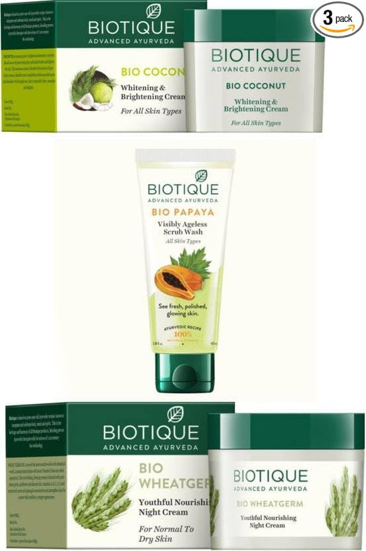 BIOTIQUE Daily Care Skin Combo(Coconut day cream 50gm+ Wheat Germ Night cream 50gm+papaya Scrub Face wash 100gm) (3 Items in the set)