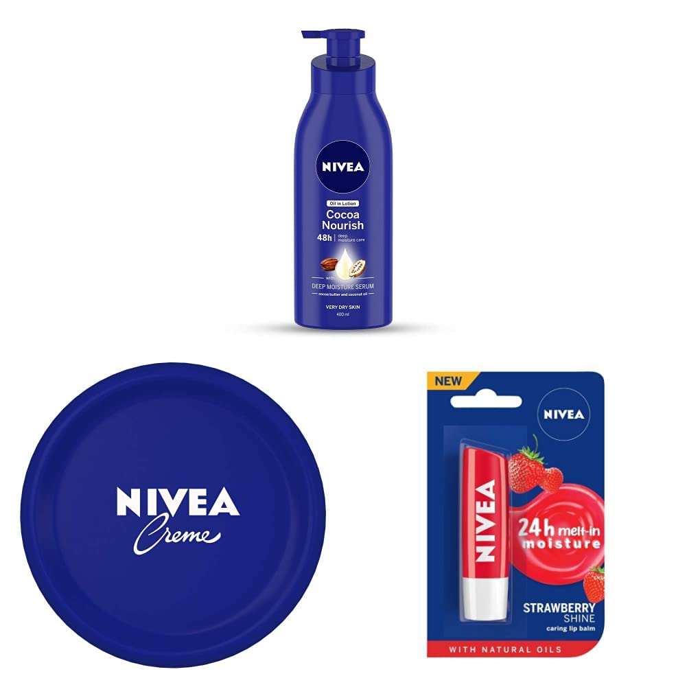 NIVEA Body Lotion, Oil in Lotion Cocoa Nourish, For Very Dry Skin, 400ml And NIVEA Crème, All Season Multi-Purpose Cream, 200ml And NIVEA Lip Balm, Fruity Strawberry Shine, 4.8g