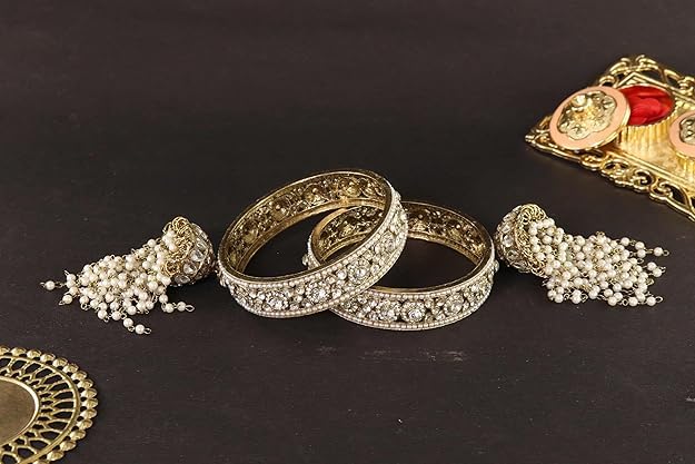 NMII Premium Alloy Latkan Kada Set Studded With Beads & Zircon Gemstone For Women & Girls | Traditional Pearls Kada Set | Kalira Bangles For Bridal | Dulhan Chudi Set For Wedding & Partys - Set Of 2
