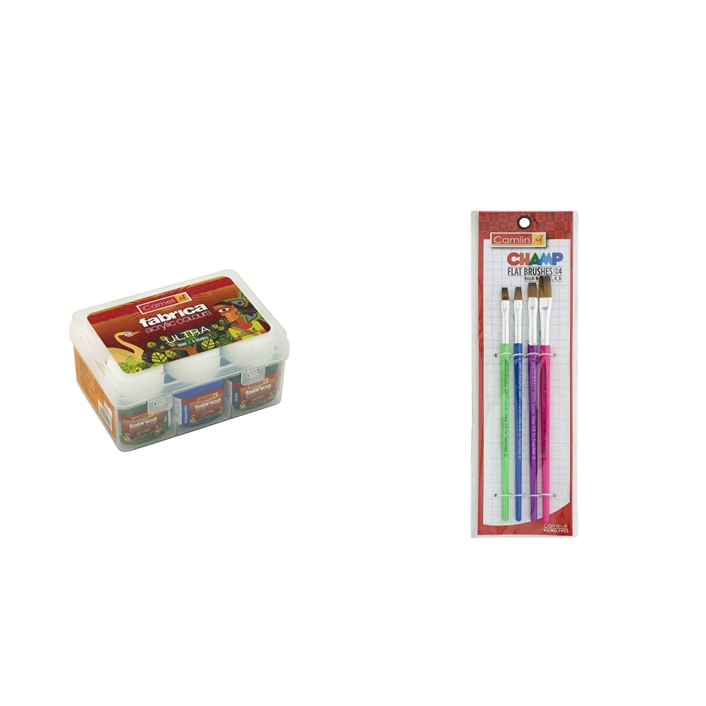 Camel Camlin Kokuyo Fabrica Acrylic Ultra Colors - 10Ml Each, 6 Shades & Camlin Champ Flast Brush Set - Pack Of 4 (Multicolor)
