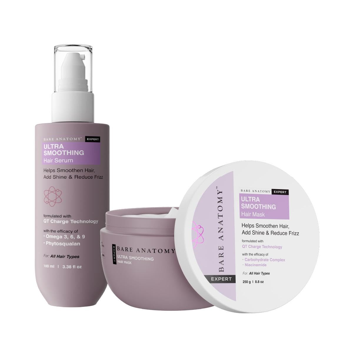 Bare Anatomy Ultra Smoothing Hair Mask & Serum Combo for Dry & Frizzy Hair | Carbohydrate Complex & Niacinamide | 250gm + 100ml