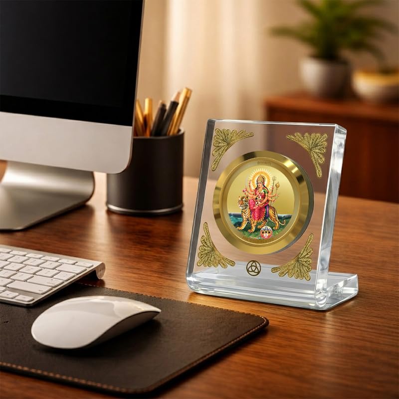 DIVINITI 24K Gold Plated Goddess Durga with Pind Acrylic Frame for Car Dashboard, Home Temple & Office Table|Premium Spiritual Gift, Blessings for Protection & Positivity, 8x7 cm Decorative Showpiece