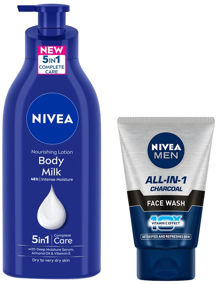 NIVEA Body Lotion for Very Dry Skin, 600 ml & NIVEA Men Face Wash, All in 1 Charcoal, to Detoxify & Refresh Skin with 10x Vitamin C Effect, for All Skin Types, 100 g
