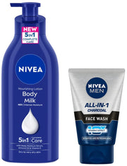 NIVEA Body Lotion for Very Dry Skin, 600 ml & NIVEA Men Face Wash, All in 1 Charcoal, to Detoxify & Refresh Skin with 10x Vitamin C Effect, for All Skin Types, 100 g