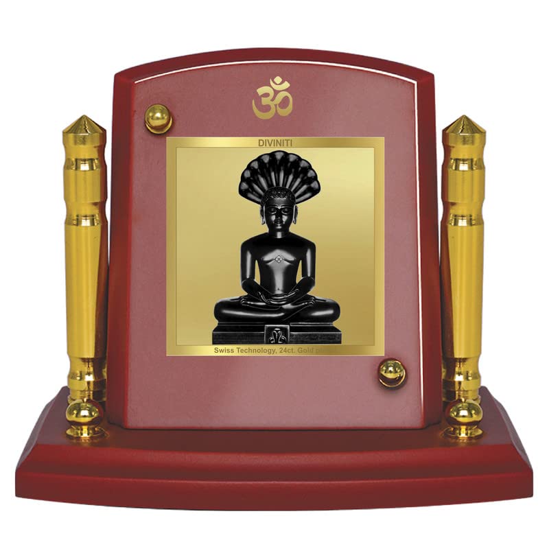 DIVINITI 24K Gold Plated Bhagwan Parshvanath Photo Frame for Car Dashboard | Premium Religious Idol for Home Office Prayer Decor & Spiritual Gift | Size 8 x 9 cm
