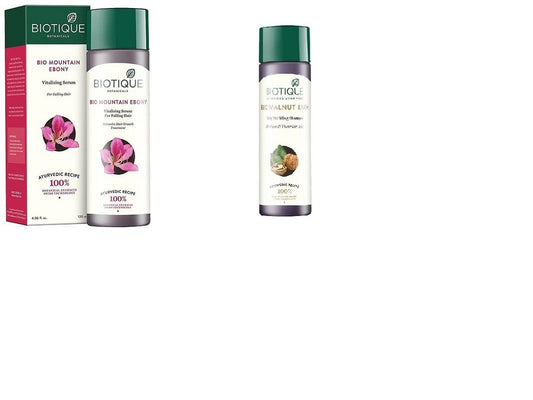 Biotique Bio Mountain Ebony Vitalizing Serum for Falling Hair Intensive Hair Growth Treatment, 120ml & Biotique Bio Walnut Bark Fresh Lift Body Building Shampoo For Fine & Thinning Hair, 190Ml