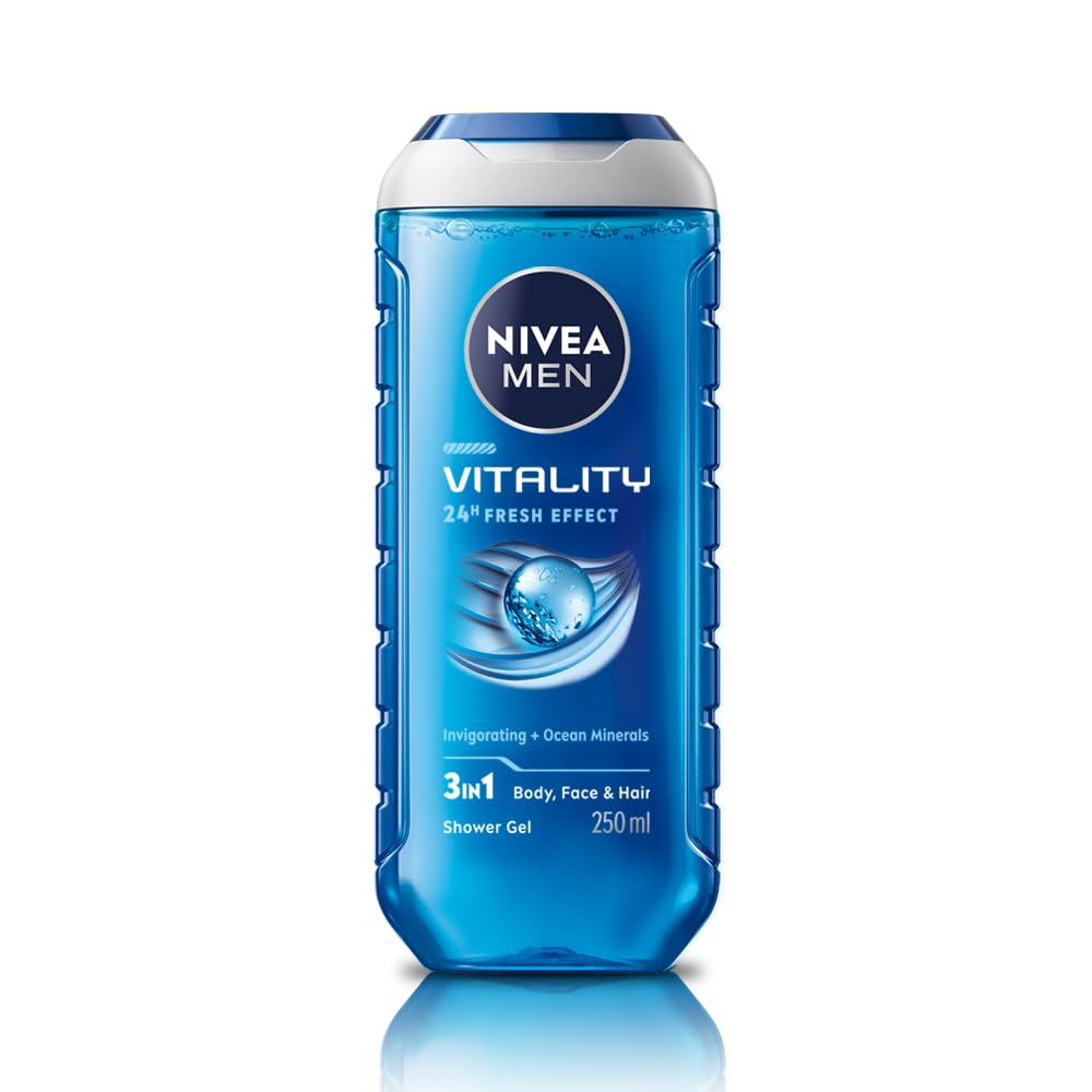 NIVEA MEN Vitality Fresh 250ml Body Wash| Shower Gel for Face, Body & Hair| Power of Ocean Minerals| Long Lasting Summer Freshness |Clean, Healthy & Moisturized Skin