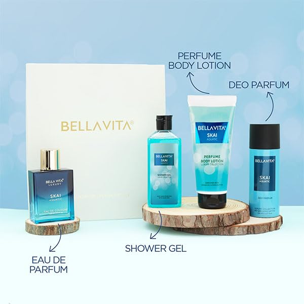Bella Vita Luxury Skai Aquatic Gift Set for Man and Woman with Aloe Vera Body Wash 250 ml for Deep Cleansing, EDC Perfume 100 ml, Deo Body Parfum 150 ml & Perfume Body Lotion 200 ml