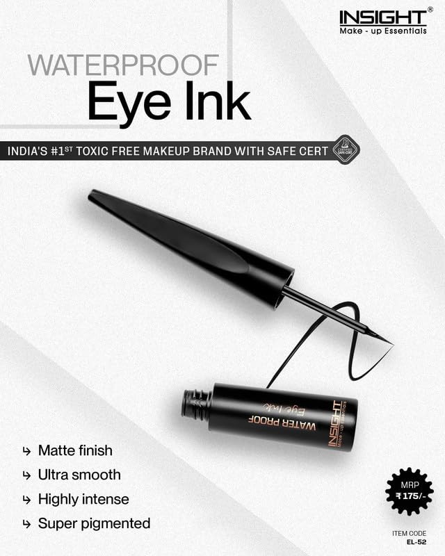 INSIGHT Waterproof Eye Ink | Quick Drying Formula | Matte Finish | Smudge Proof | Waterproof | Flexi Tip Brush - (Black) 6.5 g