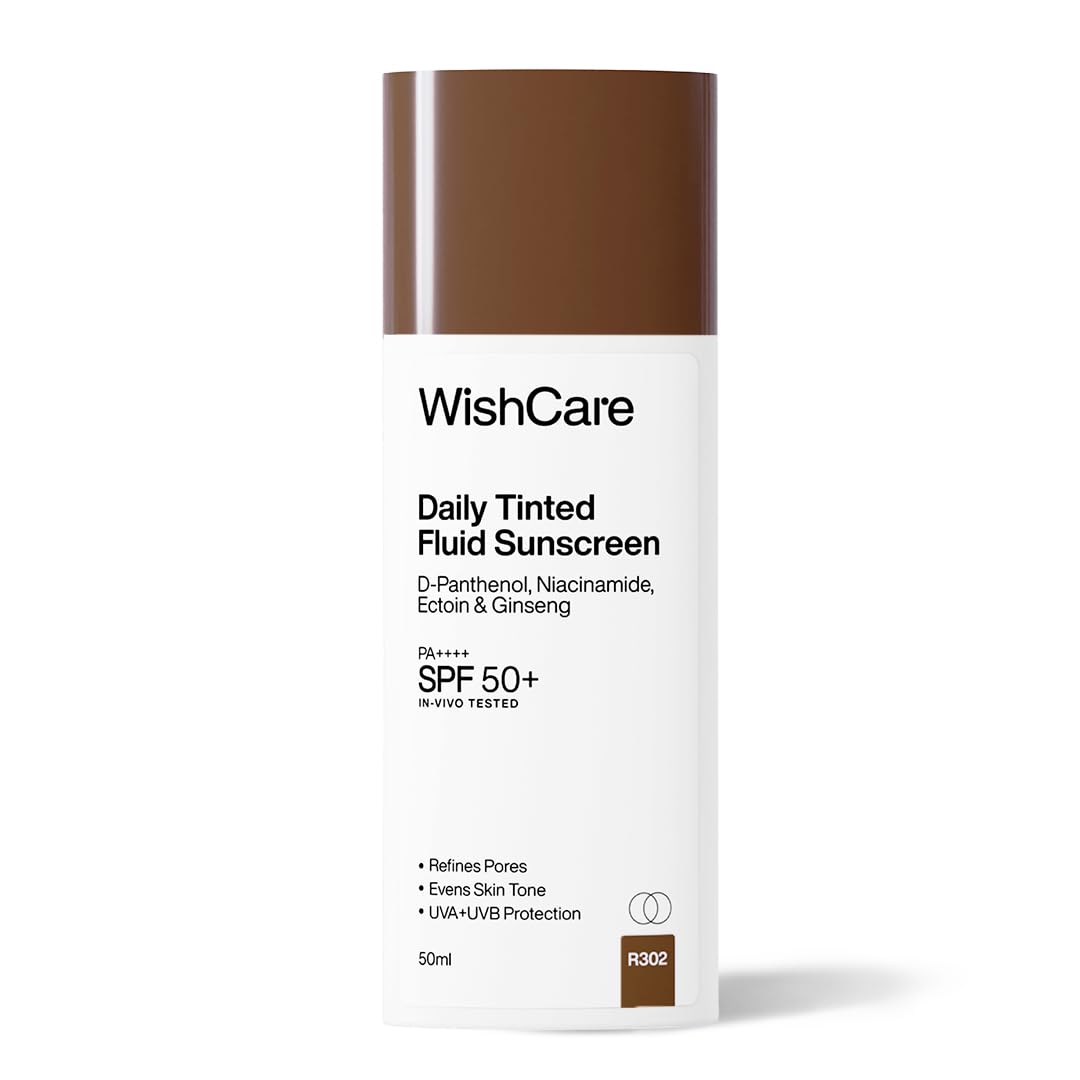 WishCare Daily Fluid Tinted Sunscreen SPF50 PA++++ | R302 | Broad Spectrum Protection for all skin types | In-Vivo Tested Tinted Sun Screen | D-Panthenol, Niacinamide, Ectoin & Ginseng | Evens & Protects | 50ml