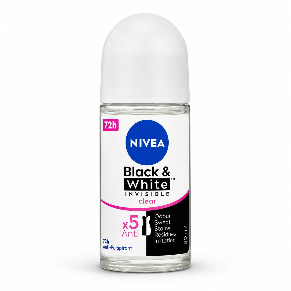 Nivea Black & White Invisible Clear Anti-Perspirant Roll On 50ml | 5 in 1 Protection with 72H Sweat & Odor Control | Anti Stain Deodorant for Women