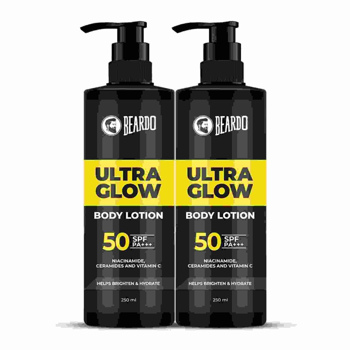Beardo Ultraglow Body Lotion for Men's Skin | Intense Hydration for Winter | Ultra-light Weight & Instant Absorption| Heals & Repairs Skin | 250ml x 2