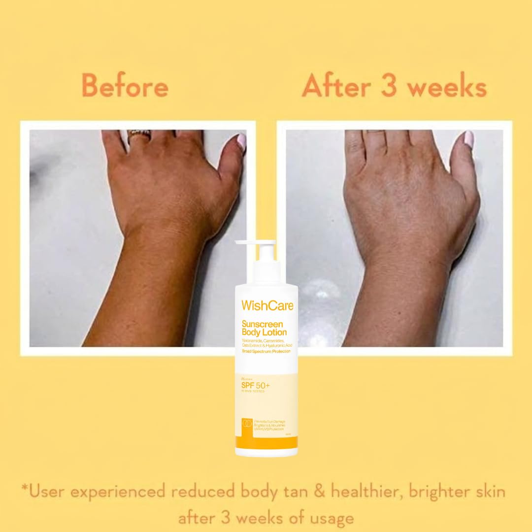 WishCare Sunscreen Body Lotion with SPF 50 PA++++ In- Vivo Tested | Body Sunscreen With Broad Spectrum UVA & UVB Protection, No White Cast | With Carrot Seed & Raspberry | For All Skin Types | For Women & Men | 450ml