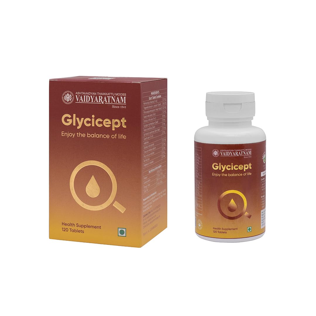 Vaidyaratnam Glycicept Tablets | Natural Support for Healthy Blood Sugar Levels | Regulates Glucose, Enhances Metabolism & Delays Sugar Absorption | Ayurvedic Nutraceutical | 60 Tablets