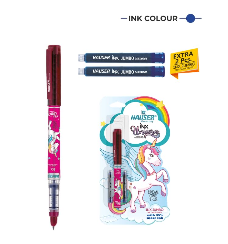 Hauser Inx Unicorn Fountain Pen | Smooth Round Nib With Iridium Tip | 2 Ink Cartridges | Unique Liquid Ink System | Blue Ink, Pack of 8