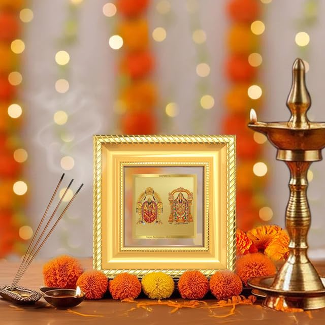 DIVINITI Lord Tirupati Balaji & Goddess Padmavati 24K Gold Plated Foil Tabletop Photo Frame for Home Décor, Puja Room, Luxury Gifting | DG Frame 015 S1A (10x10 CM)
