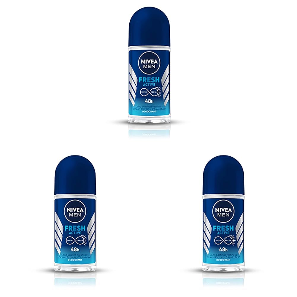 NIVEA MEN Fresh Active 50ml Deo Roll On | With Fresh Ocean Extracts| 72 H Freshness| 0% Alcohol | Dermatologically Approved & Paraben Free Formula (Pack of 3)
