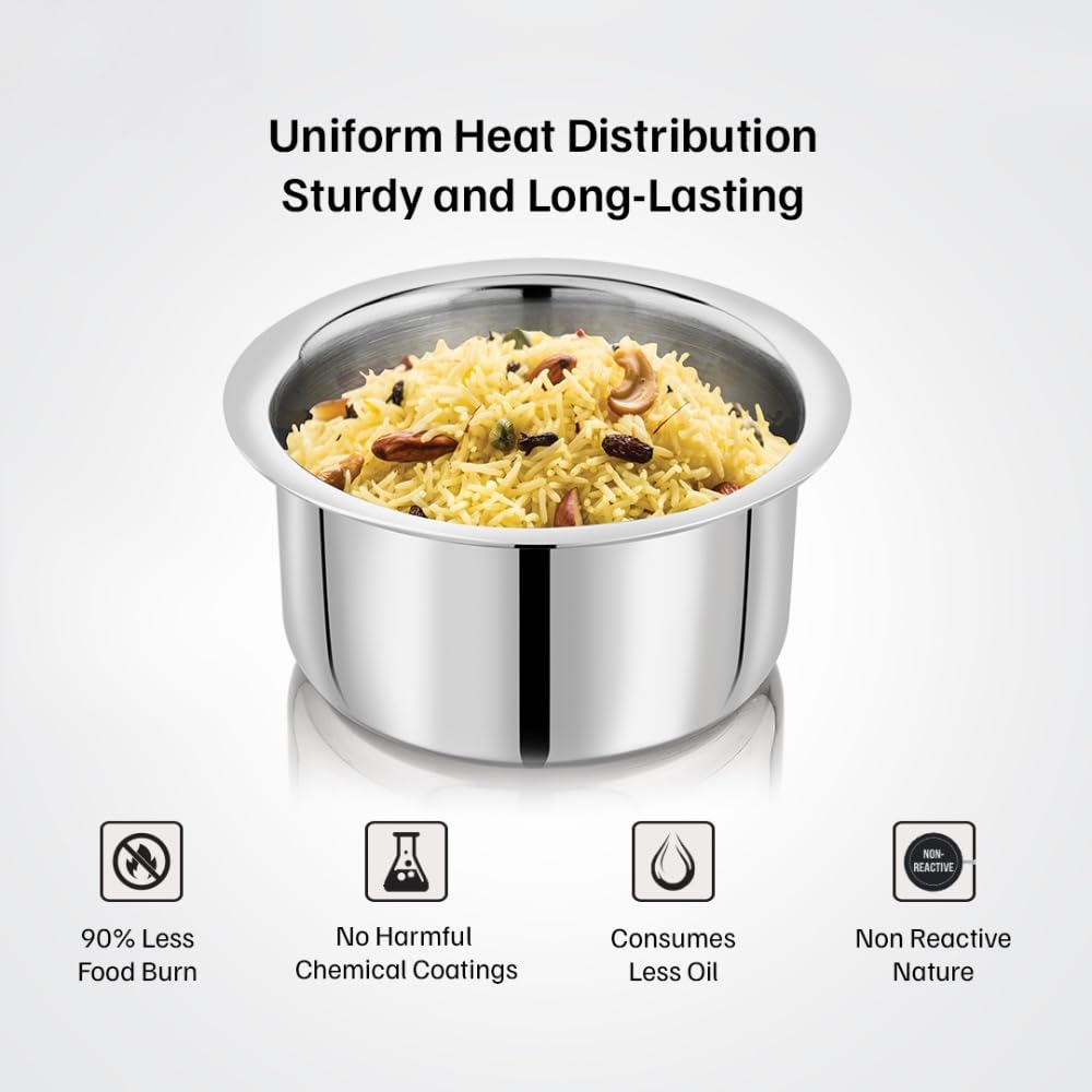 Vinod – Claro Heavy Gauge Stainless Steel Tope (Plain), 1.5 mm – Capacity 1.8 Liter