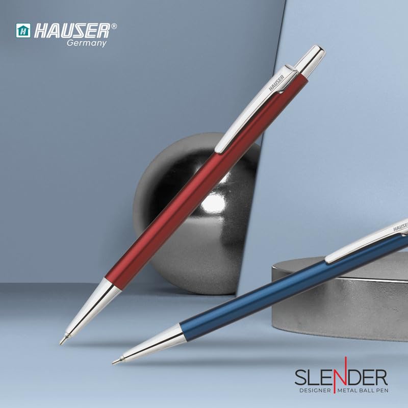 Hauser Slender Designer Metal Ball Pen Box Pack | Attractive Color Body With Stylish Metal Clip |Smooth Refillable Pen With Smudge Free Writing | Ideal For Gifting | Blue Ink, Pack of 1