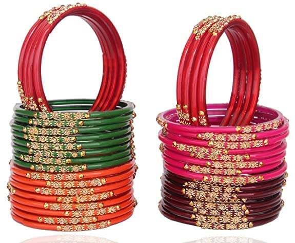 NMII Glass with Zircon Gemstone and Beads Studded Bangle set for Women and Girls