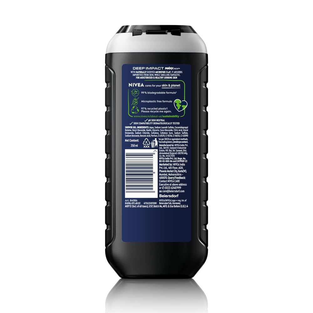 Nivea Men Body Wash, Deep Impact, 3 In 1 Shower Gel For Body, Face & Hair, With Microfine Clay, 250ml