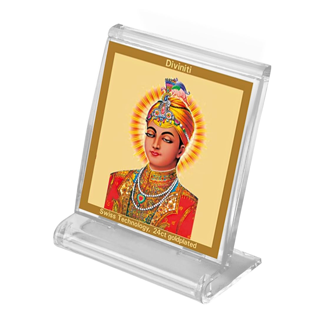 DIVINITI 24K Gold Plated Acrylic Shri Guru Harkrishan Sahib Ji Dashboard Idol | Premium Sikh Spiritual Gifting Item for Peace, Blessings & Positivity | Luxury Religious Decor for Car, Office & Home