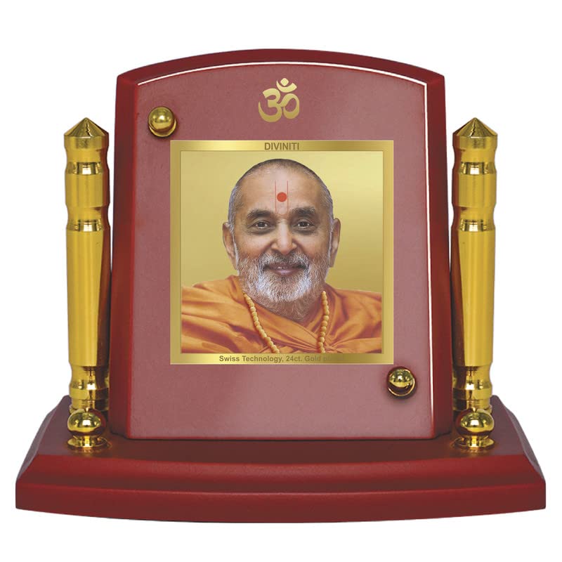 Diviniti Pramukh Swami Photo Frame for Car Dashboard, Table Decor| MDF 1B P+ Classic Pramukh Swami and 24K Gold Plated Foil| Religious Frame Idol for Pooja, Worship, Gifts Items (7 X 9CM)