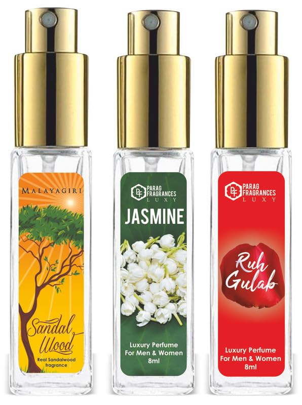 Parag Fragrances Combo Pack of Long Lasting Attar Perfume 8ml x 3 pc Total 24ml Perfume Spray For Men and Women (Mysore Sandal/Jasmine/Ruh Gulab)