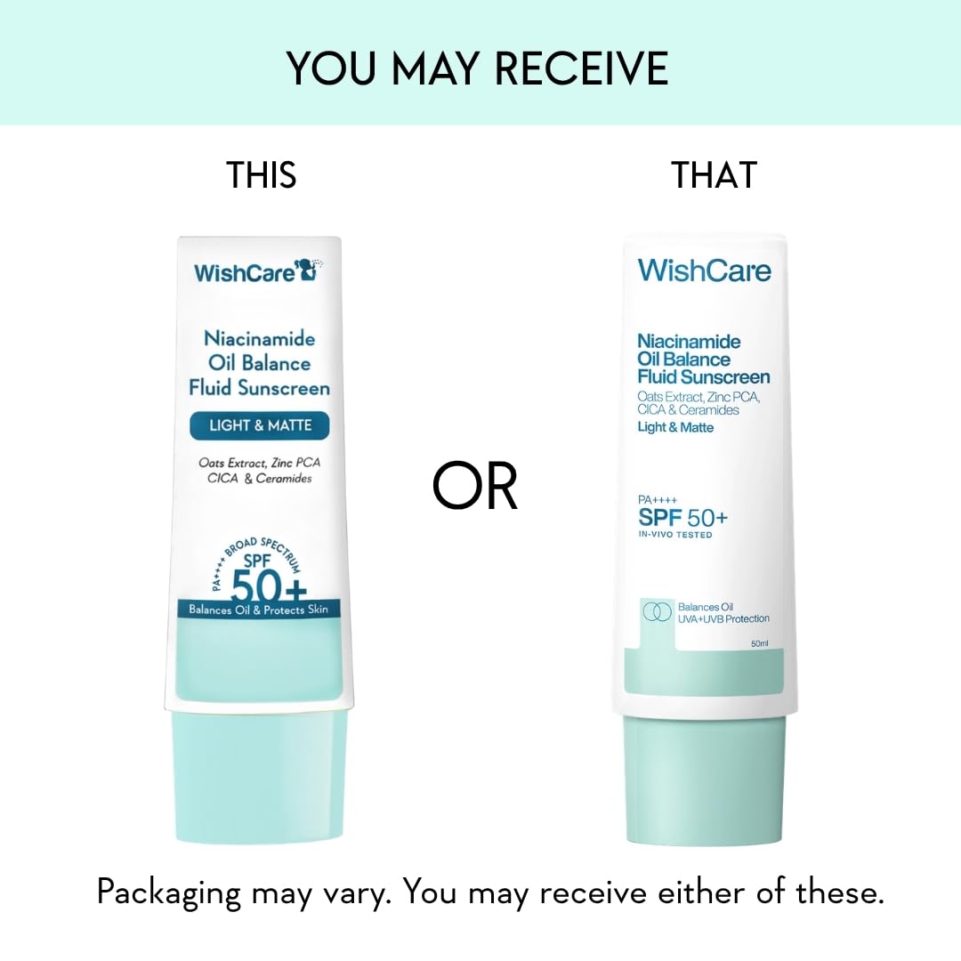 WishCare Niacinamide Oil Balance Fluid Sunscreen SPF 50 PA++++ In-Vivo Tested | 8Hrs+ SPF Protection | Lightweight, Matte & No White Cast | Photostable Sunscreen SPF50 For Oily Skin, Sensitive, Dry & Combination Skin | For Women & Men | 50 ml