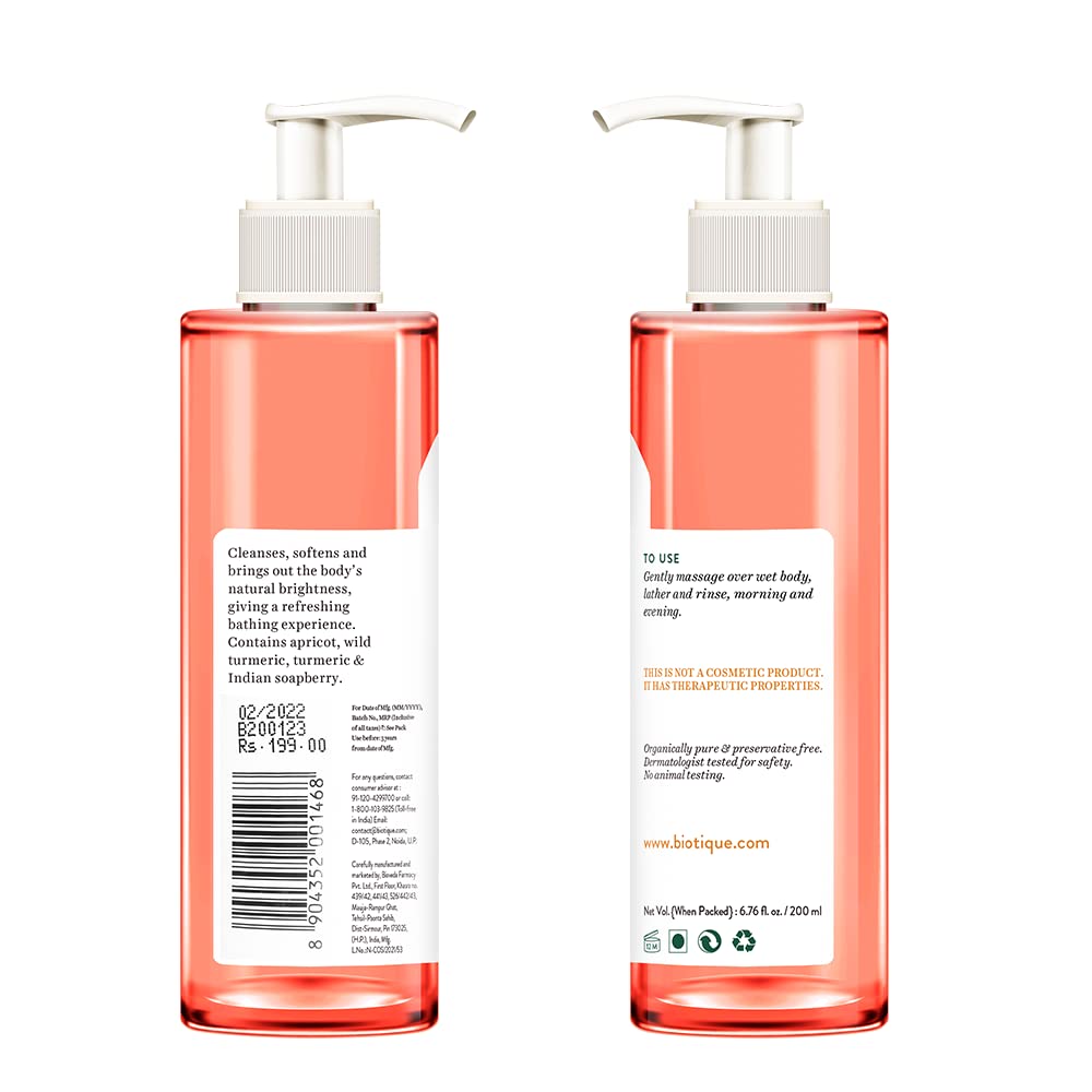 Biotique Apricot Refreshing Body Wash | Keeps Skin Fresh and Clean | Brightens Skin and Reducing Dark Spots | 100% Botanical Extracts | Suitable for All Skin Types | 200ml (Pack of 2)