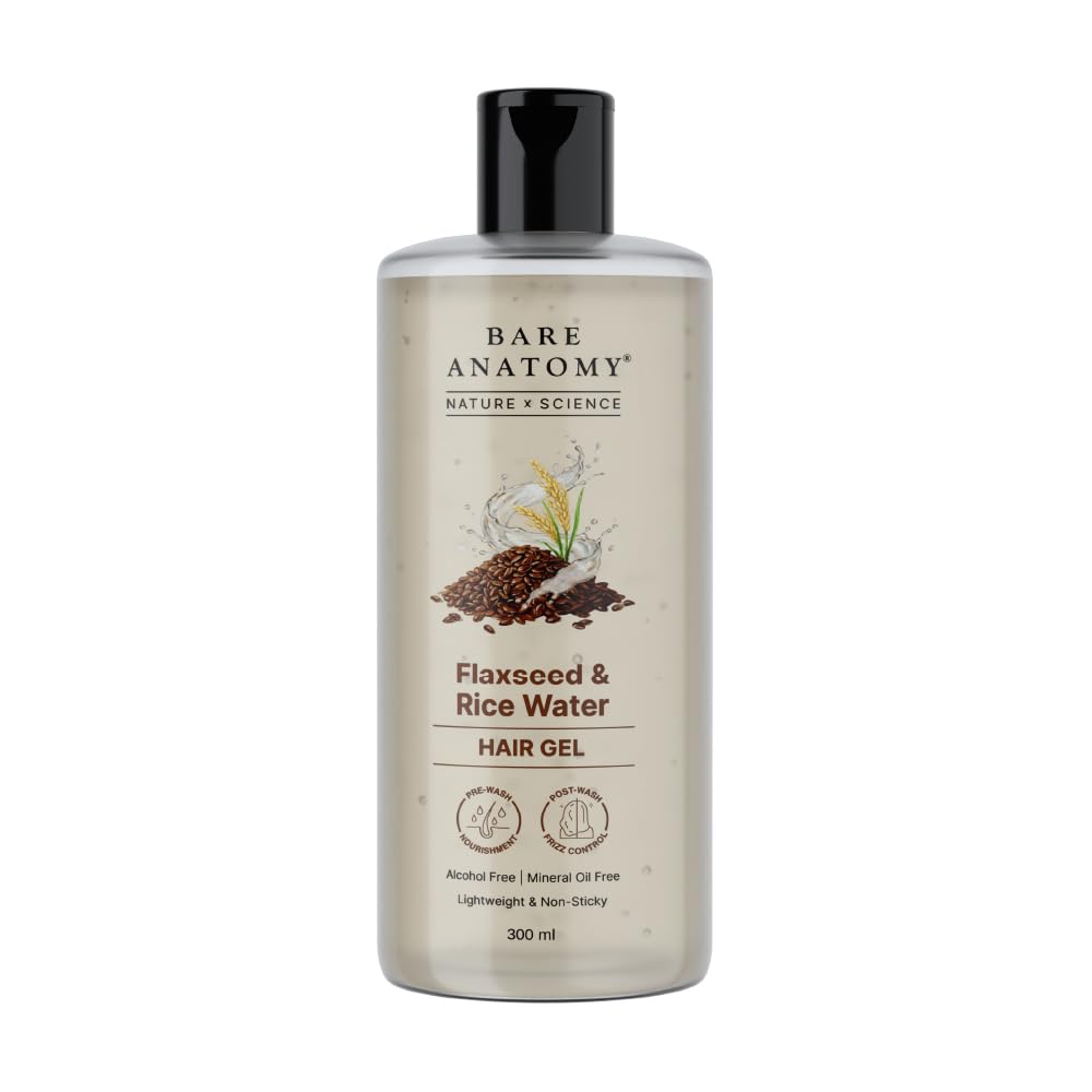 Bare Anatomy Nature x Science Flaxseed & Rice Water Hair Gel | Smoothes Hair & Controls Frizz | Lightweight, Non-Sticky & Non-Crunchy Formula | Enhances Natural Hair Texture & Shine | 300ml