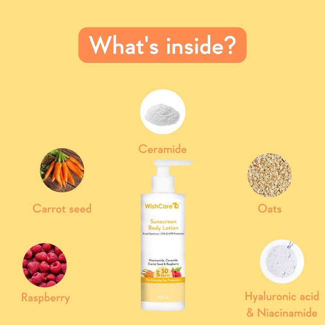 WishCare Sunscreen Body Lotion with SPF 50 PA++++ In- Vivo Tested | Body Sunscreen SPF50 With Broad Spectrum UVA & UVB Protection, No White Cast | With Carrot Seed & Raspberry | For All Skin Types | For Women & Men | 200ml