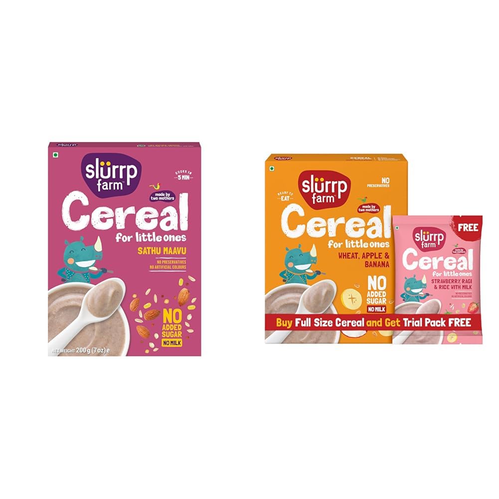 Slurrp Farm Sathu Maavu | 100% Natural Multigrain Health Mix with The Goodness of Ragi, Dals & + Slurrp Farm No Added Sugar Instant Wheat Apple & Banana Cereal | Free Strawberry Cereal Trial