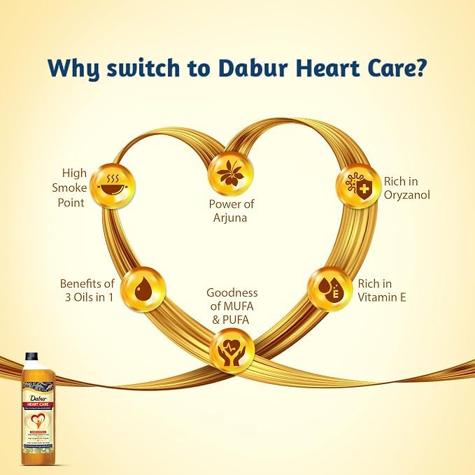 Dabur Heart Care Oil - 1 Ltr bottle | Heart Healthy cooking oil infused with Arjuna | Rice Bran Oil, Flaxseed oil & Sesame oil | Goodness of MUFA, PUFA and Oryzanol