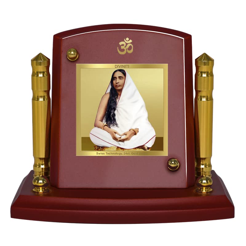 DIVINITI 24K Gold Plated Maa Sharda Photo Frame for Car Dashboard | Premium Religious Idol for Home Office Prayer Decor & Spiritual Gift | Size 8 x 9 cm