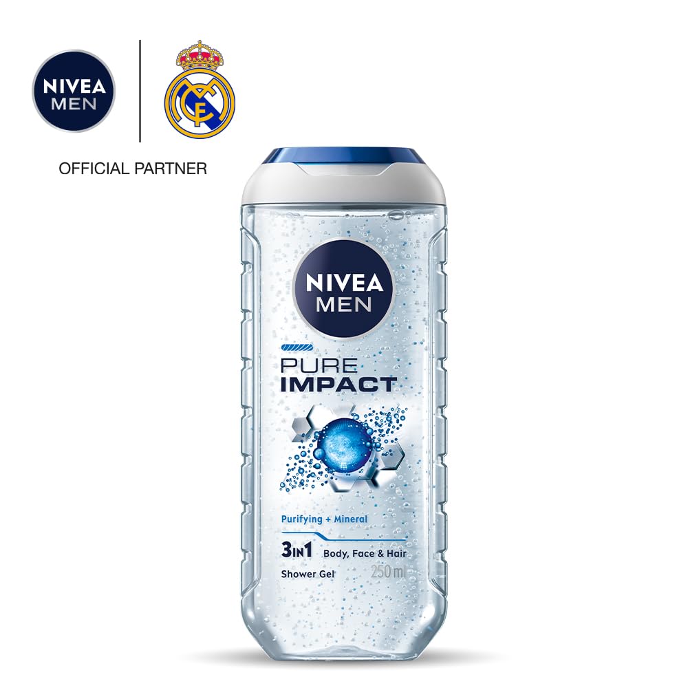 NIVEA MEN Pure Impact 250ml Body Wash| Shower Gel for Face, Body & Hair| Purifying Micro Particles for Extra Fine Scrub & Instant Summer Freshness|Clean, Healthy & Moisturized Skin