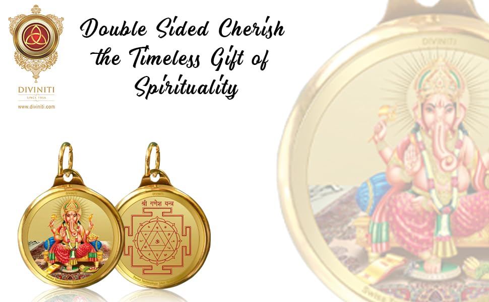 DIVINITI 24K Gold Plated Lord Ganesha & Yantra Double-Sided Pendant with Premium Gift Box, 28 mm Hindu Religious Locket, Luxury Spiritual Jewellery Gift for Men & Women