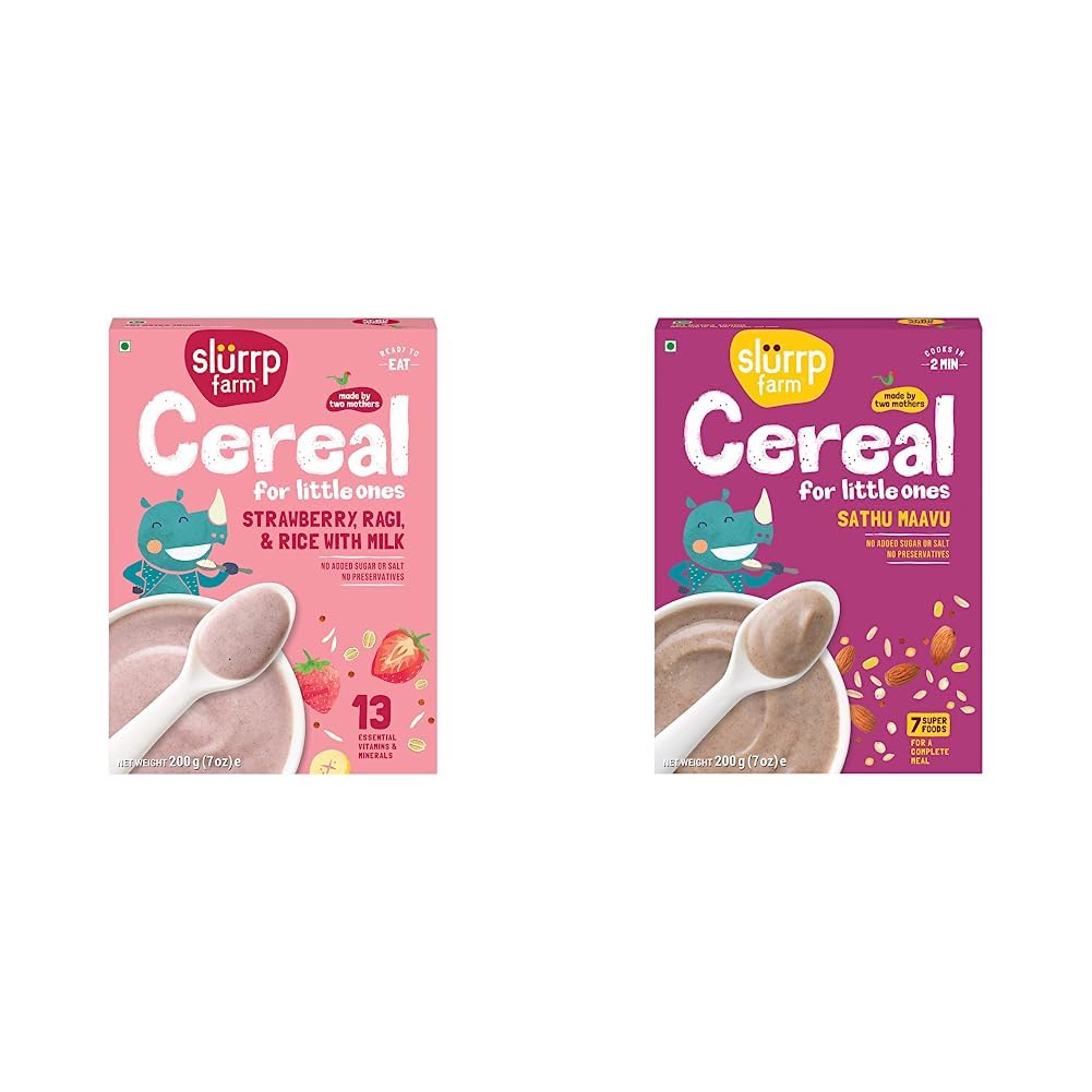 Slurrp Farm Baby Cereal, Ragi, Rice and Strawberry with Milk, Instant Healthy Wholesome Food, 200 g & Sathu Maavu, cereal for little ones | Healthy Wholesome Food, 200g