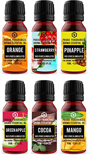 Parag Fragrances Fruits Essential Oils (6Pc x 15ml) Strawberry, Orange, Pineapple, Green Apple, Cocoa & Mango Essential Oils for Diffuser, Soap, Candle, Aromatherapy