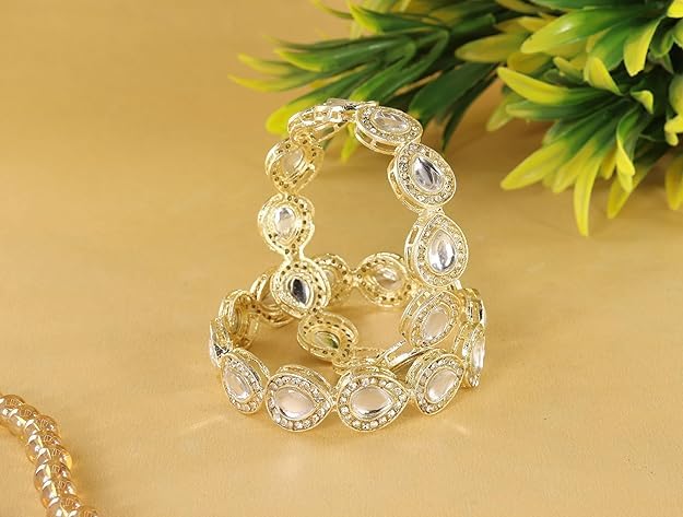 NMII Premium Silver Alloy Metal With Kundan Beads & Zircon Diamond Kada Bangles Set For Women & Girls | Designer Women's Kangan Chudi | Wedding, Party, Everyday, Occasion- Set Of 2 Kada