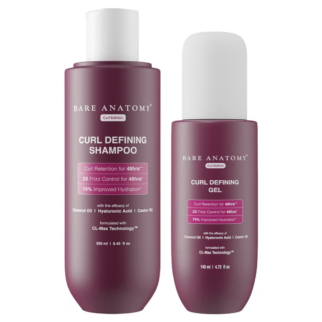 Bare Anatomy Curl Defining Shampoo & Gel Combo | Curl Retention & 2X Frizz Protection For 48 Hours | Coconut Oil, Hyaluronic Acid & Castor Oil | 250ml + 140ml