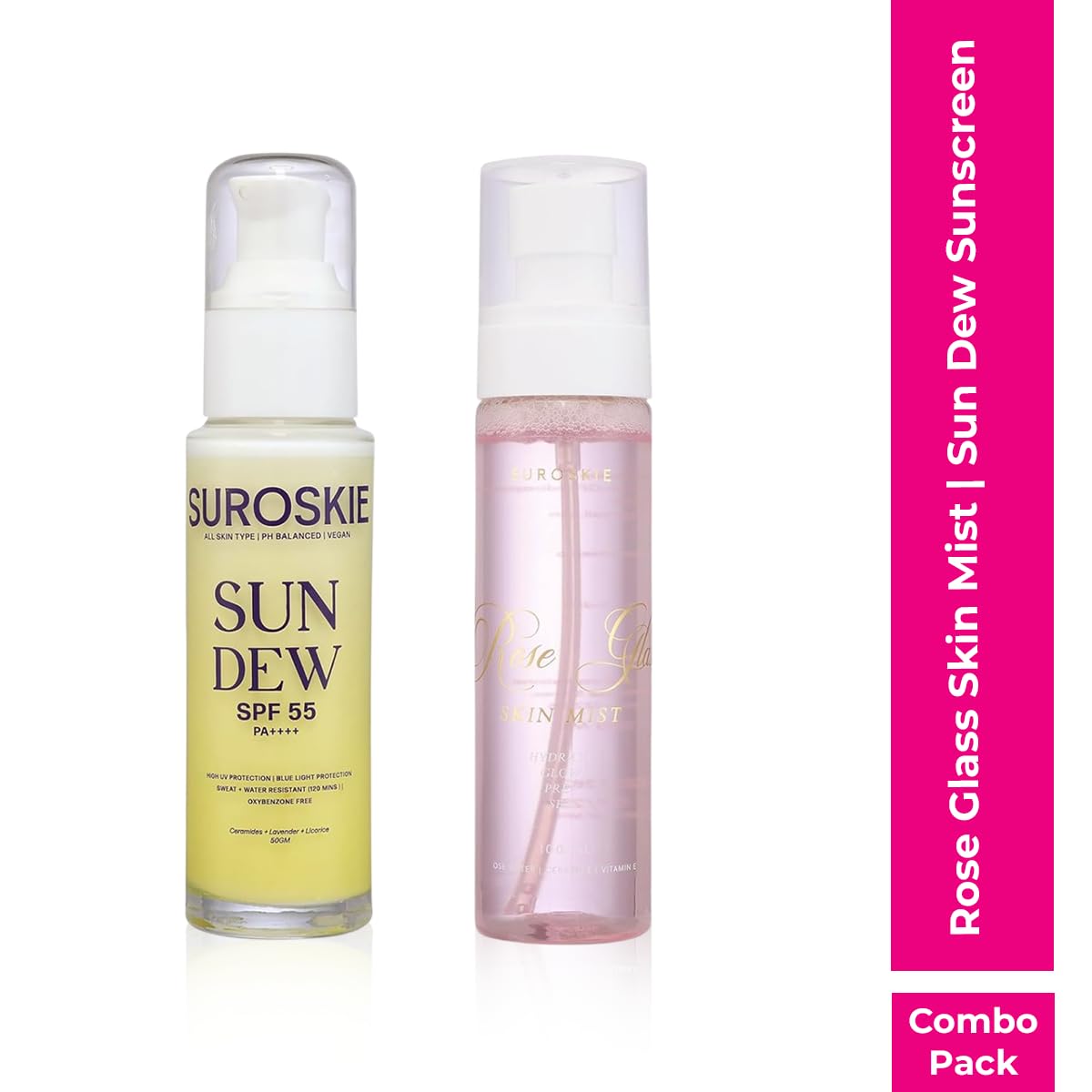Suroskie Rose Glass Skin Mist & Sun Dew Sunscreen 55 Pa+ (100Ml + 50Gm) | Face Toner & Makeup Setting Spray For Glowing Skin | With Rose Water & Ceramides | Uva/B Sun Protection | For Men & Women