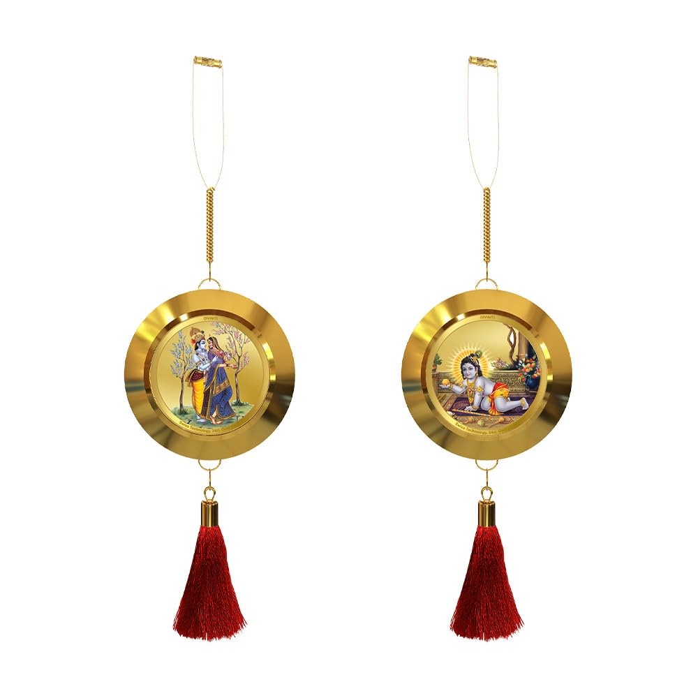 Diviniti 24K Gold Plated Radha Krishna & Laddu Gopal Double Sided Hanging for Home Entrance Door, Vastu Spiritual Decor, Religious Hanging, Love, Prosperity & Positive Energy Gift Item