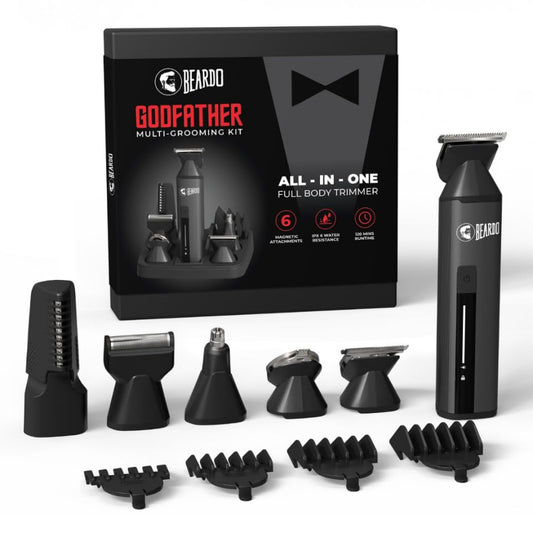 BEARDO Godfather Premium Trimmer Kit for Men | Full Body Grooming Kit with 6 Magnetic Attachments | 8000 RPM Motor, 120 Min Runtime, Travel Lock | Self-Sharpening Blades, Aluminium Body