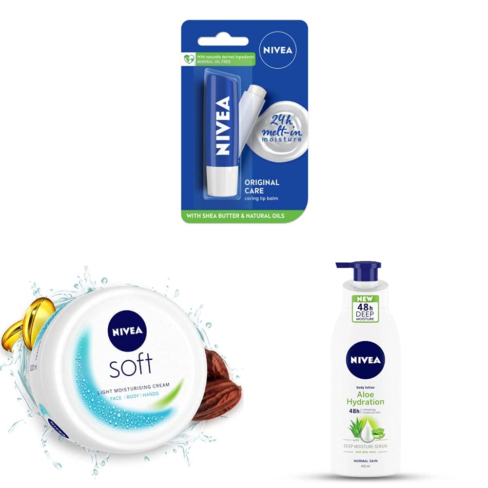 NIVEA Lip Balm, Original Care, 4.8g & NIVEA Soft Light Moisturizer Cream, 300 ml & NIVEA Body Lotion, Aloe Hydration, with Aloe Vera for 48H Moisturization for Men & Women, 400 ml