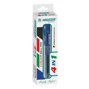 Hauser Germany 4 In 1 Retractable Ball Pen Box | Durable Transparent Body | 4 Ink Colors In One Pen | Low Viscosity Ink System | Acu Flow Writing System | Blue, Black, Red & Green Ink, Of 5 Pens